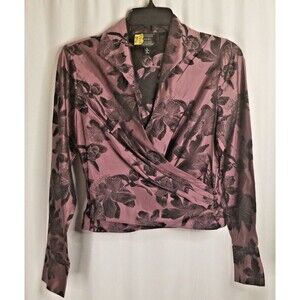 Carmen Marc Valvo Women's Top Faux Wrap V-Neck Silk Blend Long Sleeve Size 4